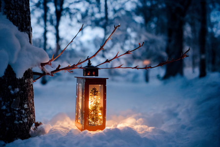 Lantern in the winter forest. Christmas and New Year concept. generative aiの素材