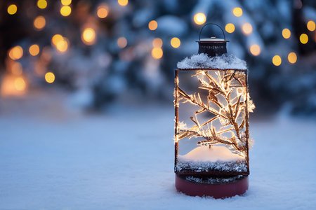 Christmas lantern on snow with bokeh lights. Festive background. generative aiの素材