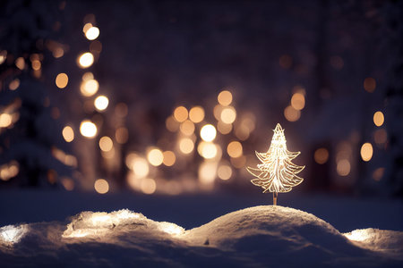 Christmas and New Year holidays background. Christmas tree on snow with bokeh lights. generative aiの素材