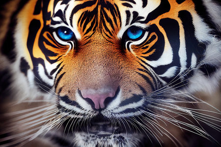 Close-up of tiger face with blue eyes. Animal portrait. generative aiの素材