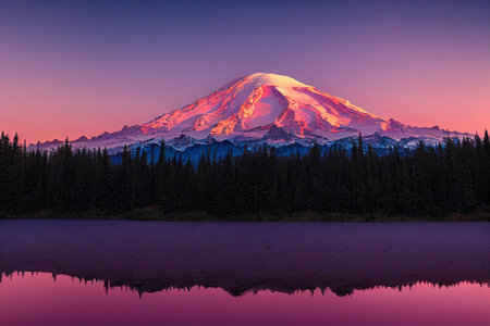 Mount Rainier at sunset with reflection in the lake, Washington. generative aiの素材