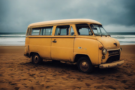 Vintage van on the beach, Fuerteventura, Canary Islands, Spain. generative aiの素材