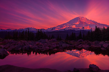 Mount Rainier reflected in a lake at sunset, Washington, USA. generative aiの素材