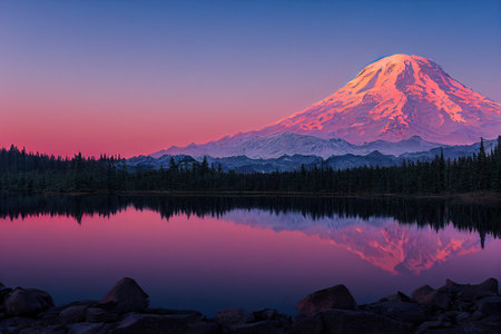 Mount Rainier at sunset with reflection in the lake, Washington. generative aiの素材