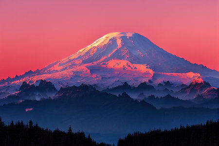 Mount Rainier at sunset with reflection in the lake, Washington. generative aiの素材