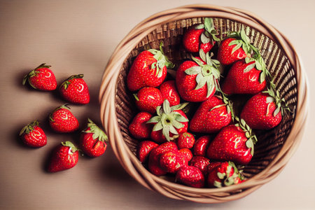 Strawberries in a wicker basket on a wooden background. generative aiの素材