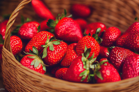 Strawberries in a basket on a wooden background. Close-up. generative aiの素材
