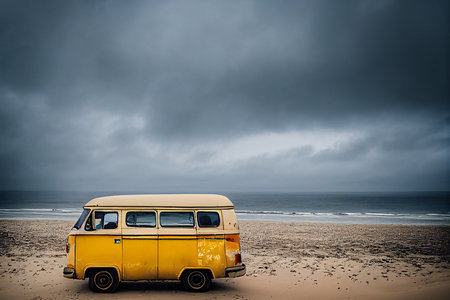 Vintage van on the beach with stormy sky in the background. generative aiの素材