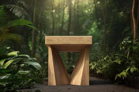 Wooden table in the forest. 3d render. Selective focus. generative aiの素材