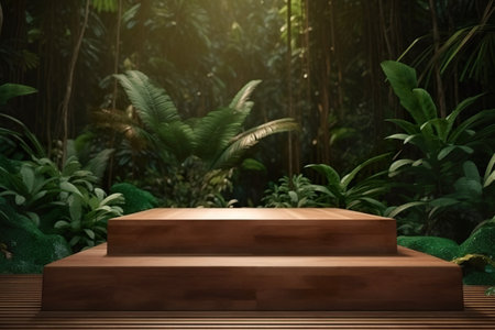 Wooden product display podium in the garden. generative aiの素材
