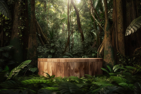 Wooden podium in the tropical jungle. generative aiの素材