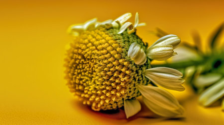 Macro of a chamomile flower on a yellow background. generative aiの素材