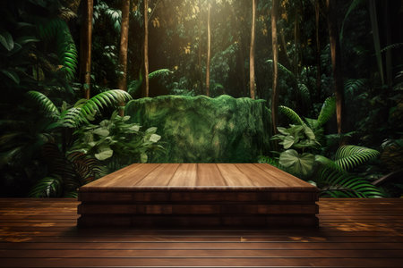 Wooden platform with tropical jungle background. generative aiの素材