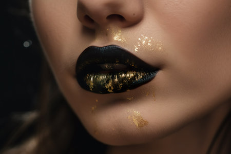 Close-up portrait of a beautiful girl with black lips and gold glitter. generative aiの素材