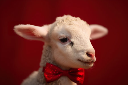 Newborn lamb with red bow tie on red background, closeup. generative aiの素材
