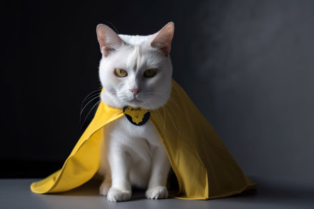 White cat in a yellow cape on a black background with copy space. generative aiの素材