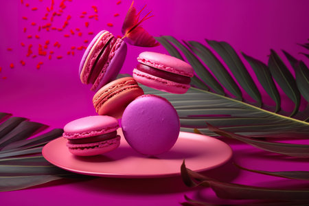 Tasty macaroons on pink plate with palm leaf on purple background. generative aiの素材