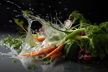 Fresh vegetables falling into water on black background. Healthy food concept. generative aiの素材