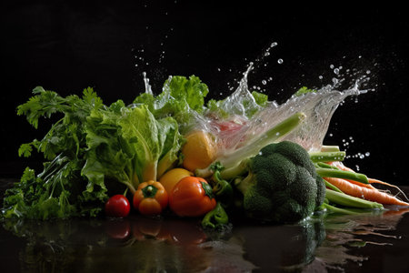 Fresh vegetables with water splash on black background. Healthy food concept. generative aiの素材