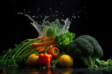 Fresh vegetables with water splash on black background. Healthy food concept. generative aiの素材
