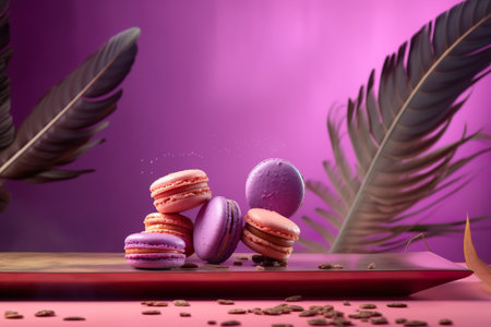 Colorful macaroons and coffee beans on a pink background. generative aiの素材