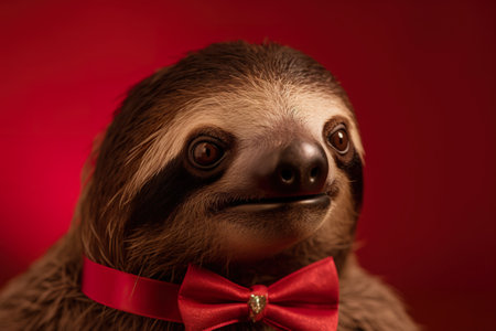Cute sloth with a red bow on a red background. generative aiの素材