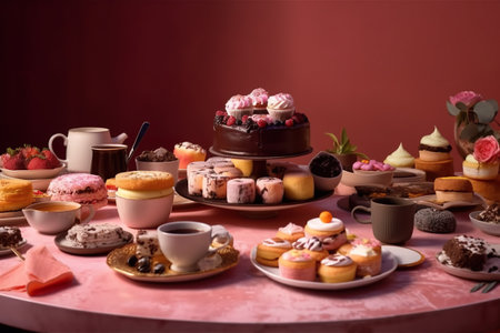 Different kinds of foods on a pink table and a red background. generative aiの素材