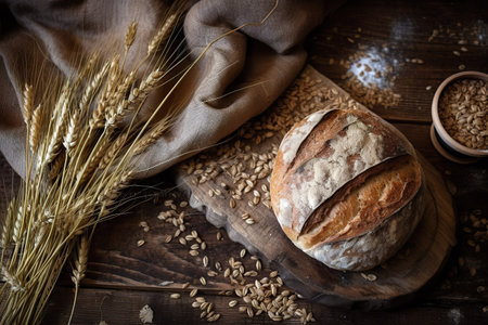 Bread and wheat on a wooden table. Rustic style. generative aiの素材