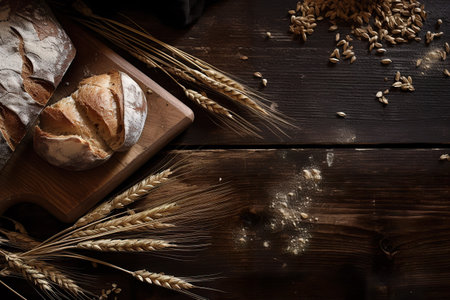 Bread and wheat on the wooden table. Top view with copy space. generative aiの素材