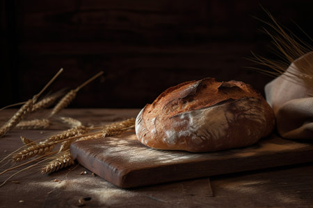 Homemade bread and wheat on wooden background. Rustic style. generative aiの素材