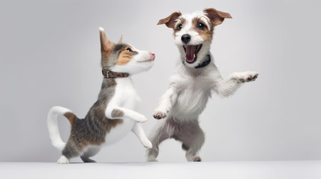 funny dog and puppy playing together, studio shot on grey background. generative aiの素材