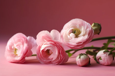 Beautiful ranunculus flowers on color background, closeup. Space for text. generative aiの素材