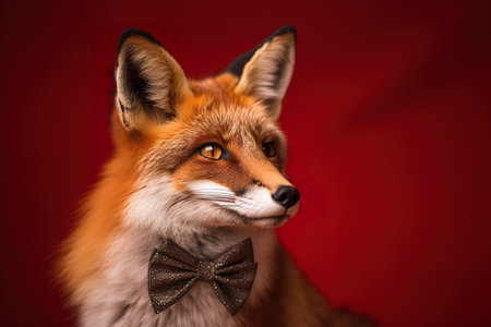Portrait of a red fox in a bow tie on a red background. generative aiの素材