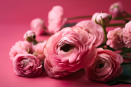 Beautiful ranunculus flowers on pink background, closeup view. generative aiの素材