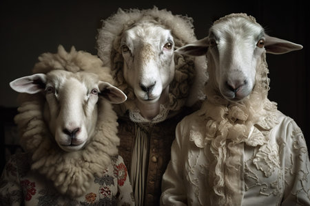 Three sheeps in a vintage style. Black and white photo. generative aiの素材