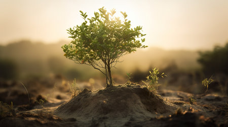 Tree growing in the desert at sunset with sunbeams background. generative aiの素材