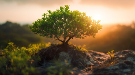 Small tree on the rock at sunset, soft focus and vintage tone. generative aiの素材