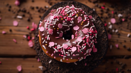 Donuts with chocolate frosting and sprinkles on a wooden background. generative aiの素材