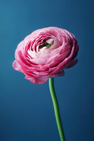 Beautiful pink ranunculus flower on blue background, closeup. generative aiの素材