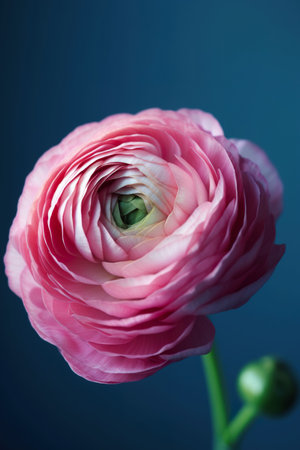 Pink ranunculus flower on dark blue background, close-up. generative aiの素材