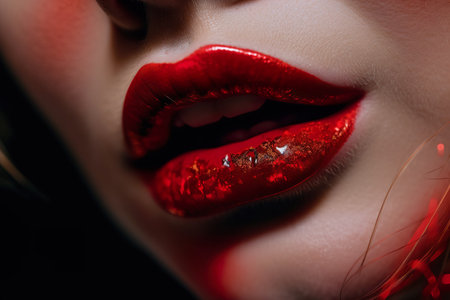 Close-up portrait of a beautiful woman's lips with red lipstick. generative aiの素材