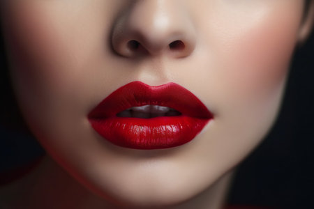 Closeup shot of beautiful female lips with red lipstick. Perfect make up. generative aiの素材