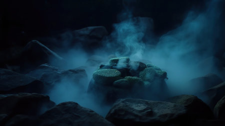Fantasy landscape with a cactus on the rocks in the dark. generative aiの素材