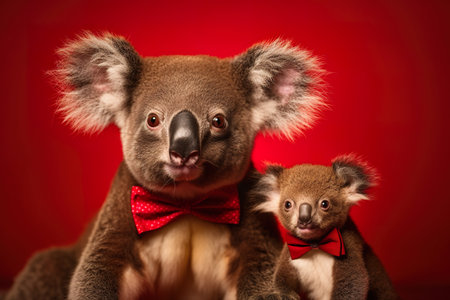 Cute koala puppy with mother on a red background. Studio shot. generative aiの素材