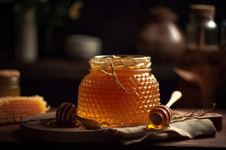 Honey in a glass jar and honeycombs on a wooden table. generative aiの素材