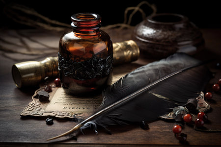 Vintage still life with quill pen, inkwell and old letters. generative aiの素材