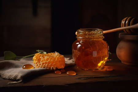 Honey in a glass jar on a wooden table. Dark background. generative aiの素材