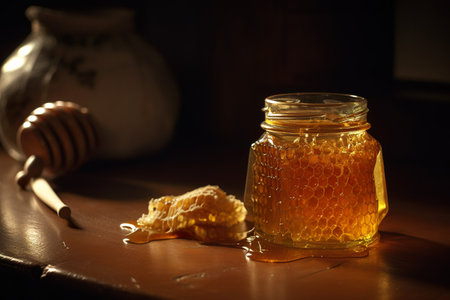 Honey in a glass jar with honeycombs on a dark background. generative aiの素材