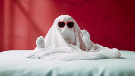 Halloween ghost with sunglasses on white sheet on red background, vintage tone. generative aiの素材