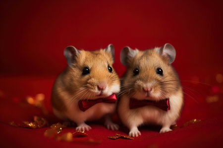 Two cute Syrian hamsters in red bows on a red background. generative aiの素材